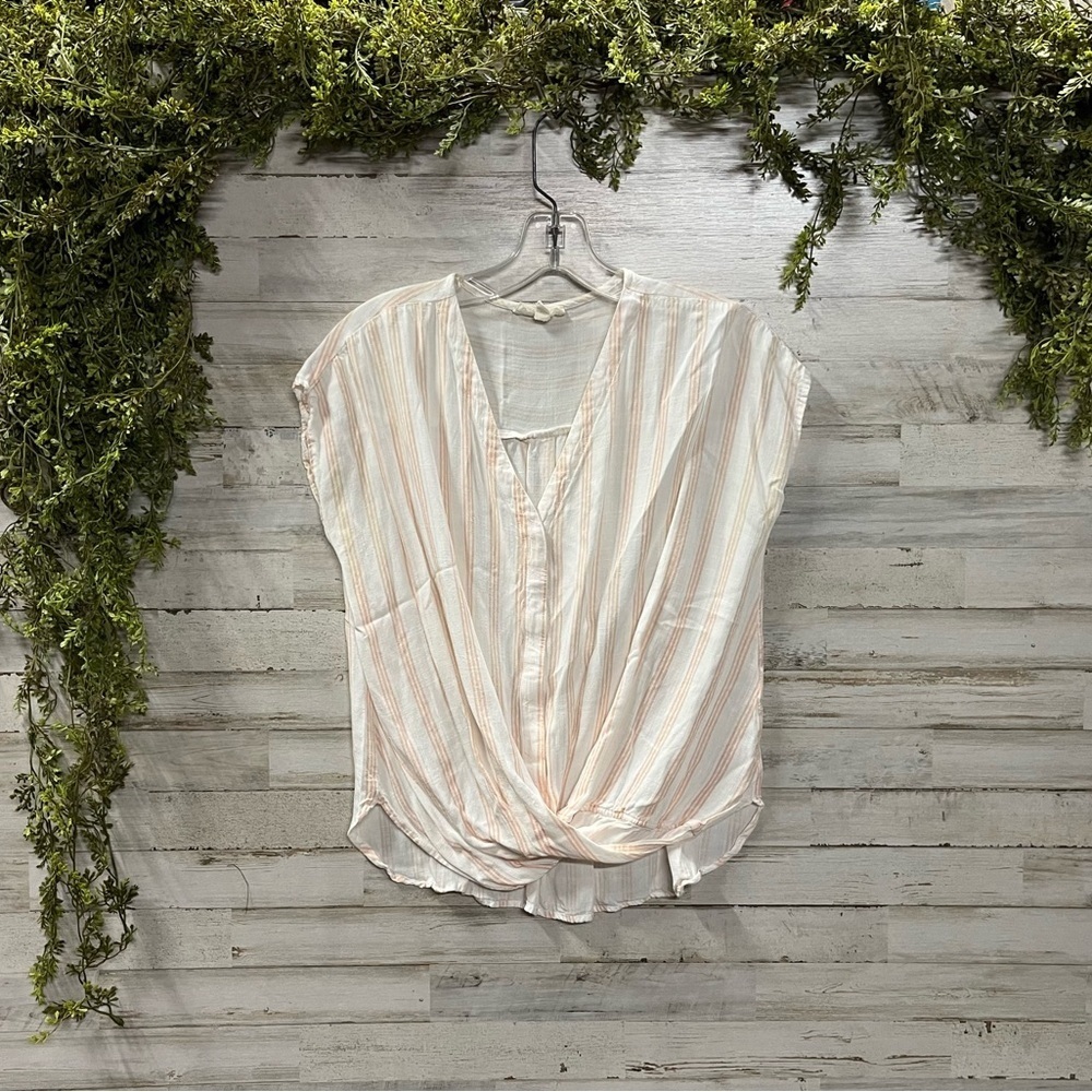 Entro White and Peach Striped Waist Twist Blouse